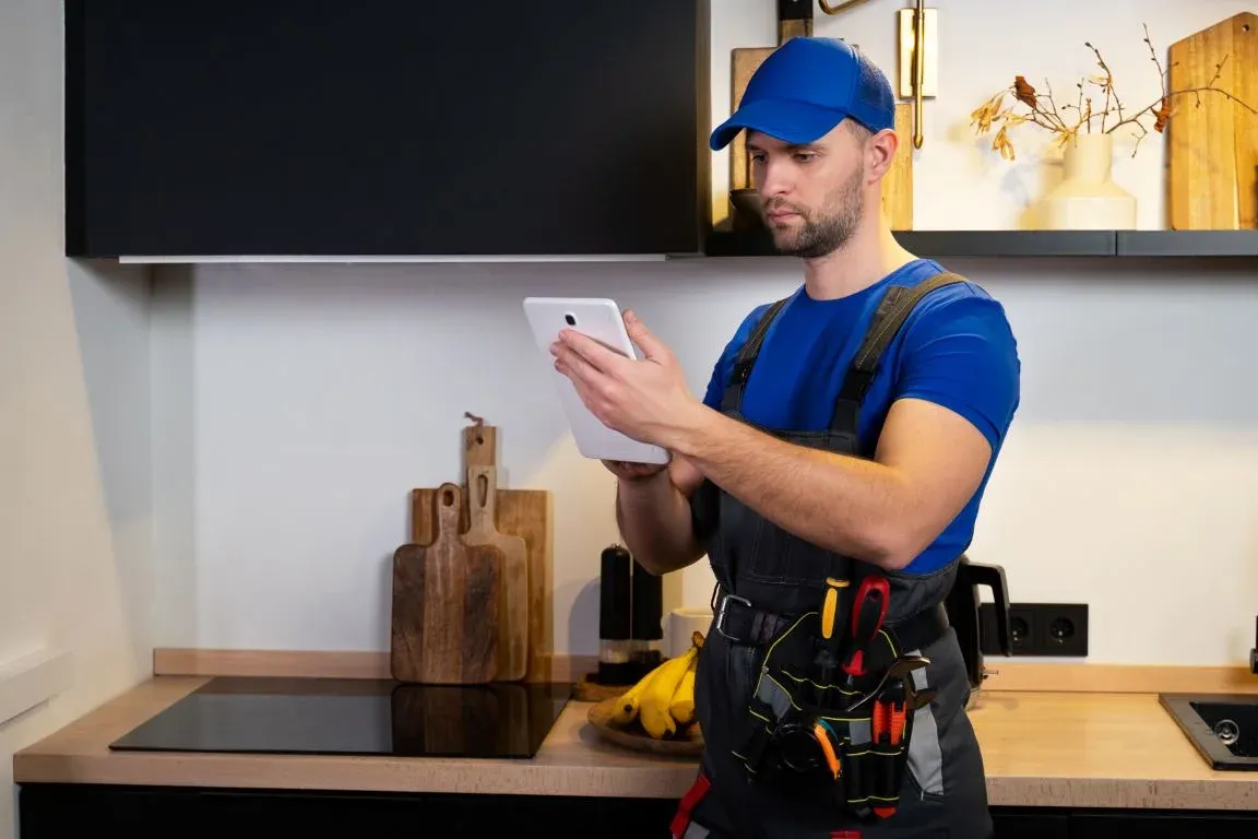 Un homme est un technicien de service, réparant une cuisinière électrique dans la cuisine. Un réparateur effectue un diagnostic de la cuisinière électrique à l’aide d’une tablette.