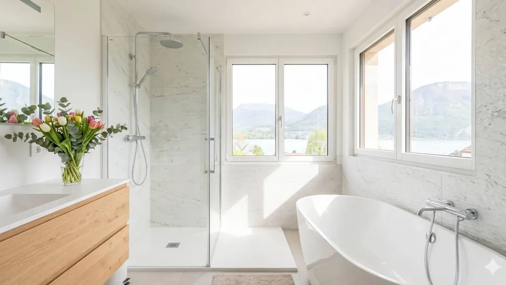 Salle de bain moderne rénovée à Annecy au printemps avec vue sur le lac et fleurs fraîches, baignoire îlot et douche italienne.